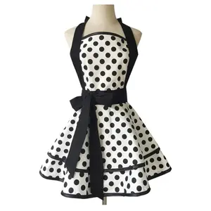 Lovely Handmade Cotton Retro Aprons for Women Girls Cake Kitchen Cook Apron for Mother's Gift (Black Dot)