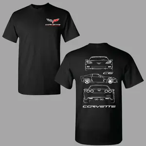 Corvette C6 Technical Sketch T-shirt, 2 Sides Graphic Tee Featuring Front Side Rear Outline of Chevrolet C6 Design in Minimal White Line Art Style for Men & Women, Streetwear, Vacation Outfits, Summer Deals