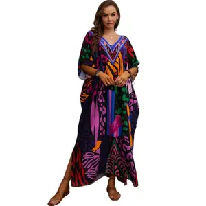 Women  Plus Size Mumu Dresses for Women - Boho Batwing Sleeve Caftan with Side Slits, Long Moo Moo Nightgown & Beach Cover Up - Fuchsia Tiger Summer Womenswear