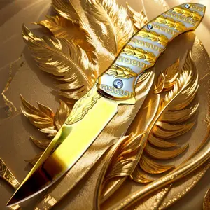 8-Inch Embossed Gold Tactical Folding Knife, Is An Everyday Gift For Outdoor Camping, Hiking, Survival And Other Occasions. It Is Also A Durable EDC Hiking Gift For Men.