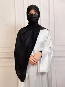 Women's Solid Color Faux Pearls Decor Chiffon Khimar, Elegant Fashionable Hijab for Daily Wear, Muslim Clothing for All Seasons