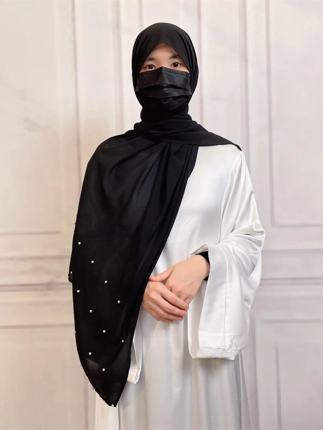 Women's Solid Color Faux Pearls Decor Chiffon Khimar, Elegant Fashionable Hijab for Daily Wear, Muslim Clothing for All Seasons