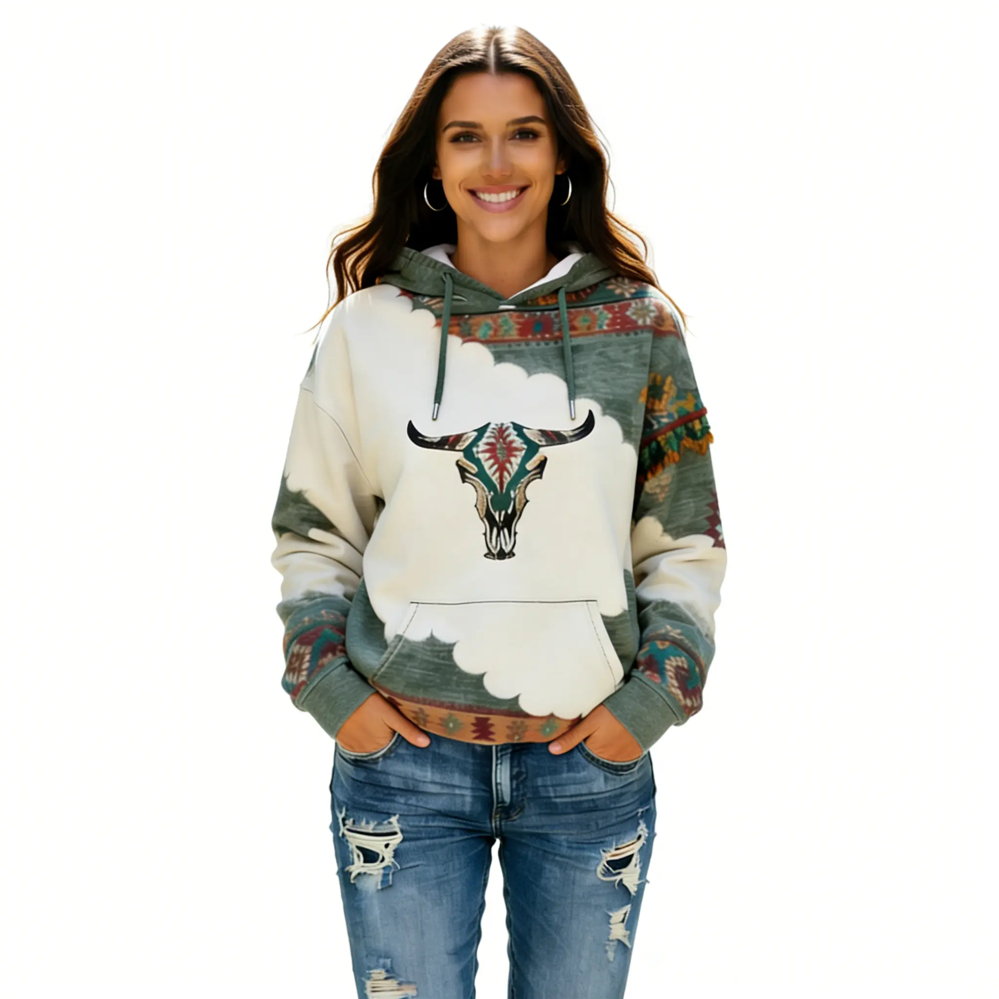Hoodies for Women Western Ethnic Hoodies Tribal Bull Head Print Pullover Hoodies Graphic Hoodie Sweatshirts for Women Clothes Daily Wear