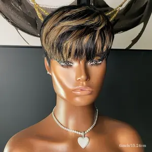 Hot New Arrived 1pc Elegant Pixie Cut Wig for Women, Brazilian Virgin Human Hair, 180% Density, Short Glueless Full Machine Made Wig, Rose Net Cap, Straight Hair, Non-Lace Front Layered Haircut Style