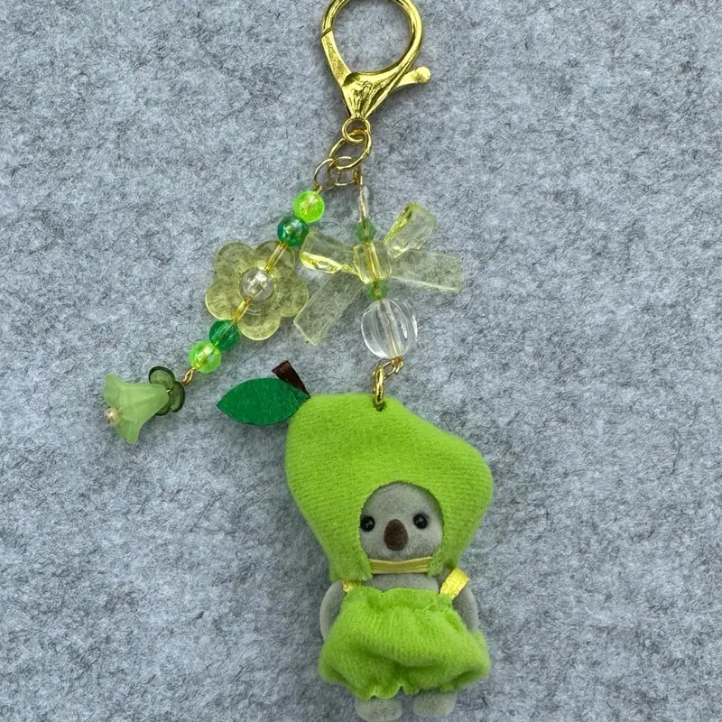 Koala Pear Keychain with Green Beads and Clear Crystal Accents