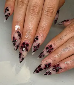 Dark Gothic Floral Nails, Handpainted Dark Purple Press On Nails with Black Flower Press Ons, Moody Nails