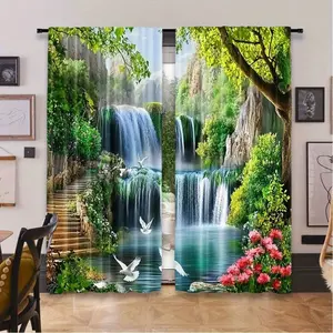 2 Piece Landscape Print Curtains, Home Decoration Curtain, Fashionable Rod Pocket Window Drapes for Bedroom and Living Room, Comfortable Atmosphere, Easy Installation