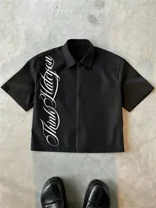 Short Zipper Shirt for Lazy Dressing, Fitted Casual Style, Side Print Design, Classic Color, Versatile Outerwear