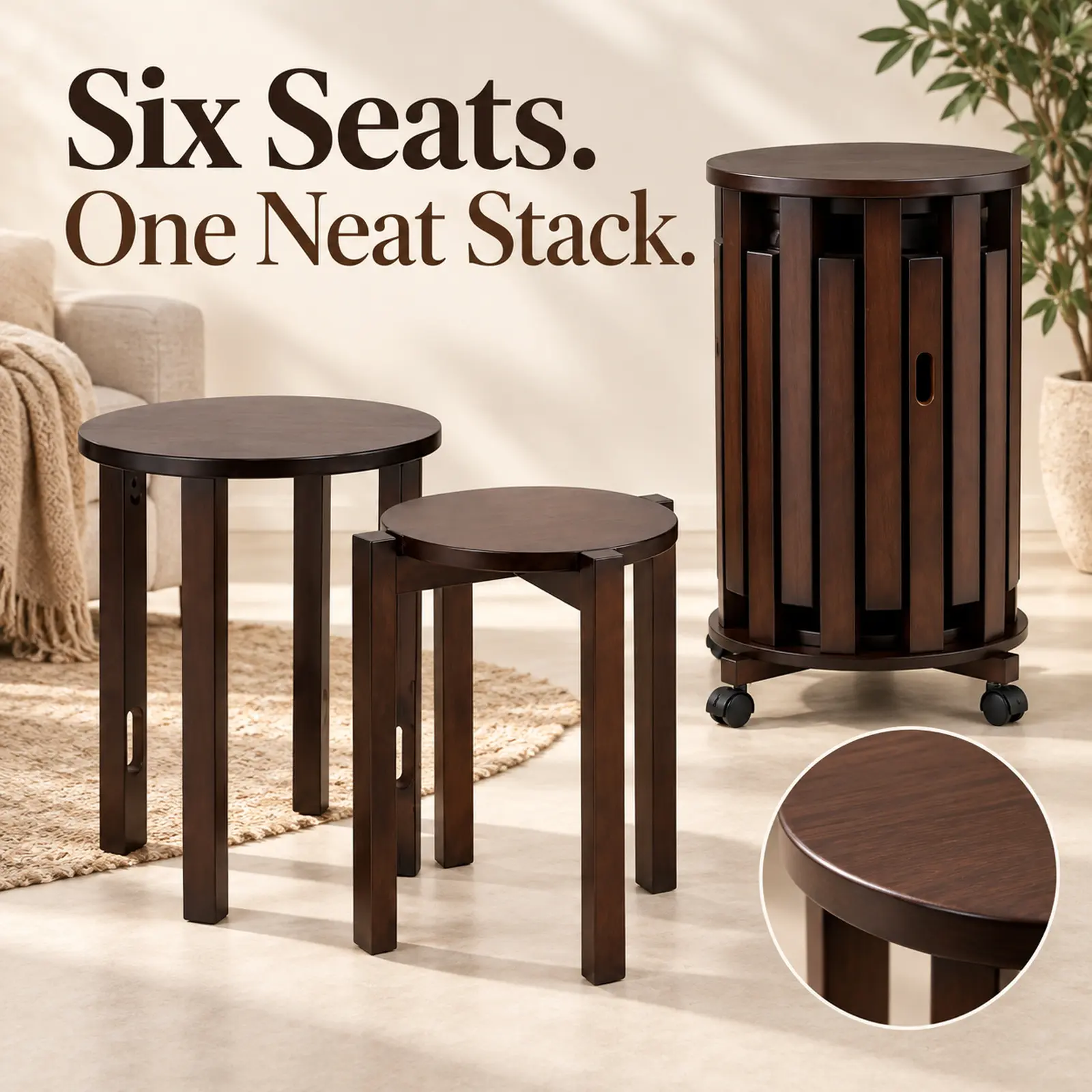 Stackable Stools Set of 6, Bamboo Nesting Stools with Rolling Storage Base - Space Saving Extra Seating for Dining Room, Living Room, Small Apartments & Parties