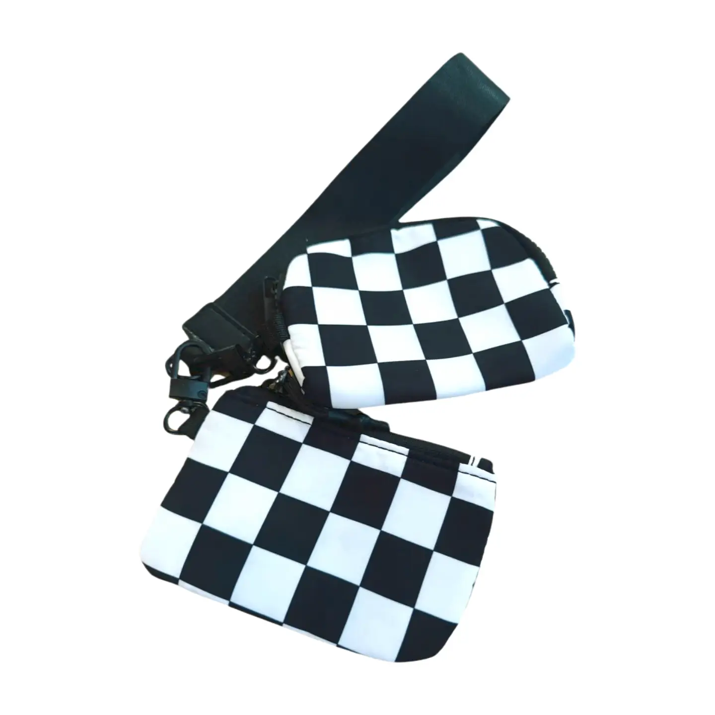 Black and White Checkered Wristlet Keychain with Dual Pouches - Nylon dual pouch wristlet wrist purse bag purse