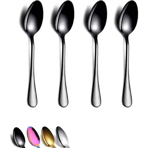 Black Teaspoons 6.5" Set of 4,  Stainless Steel Titanium  Shiny Black  Spoons Silverware,  Spoon Small Dessert Spoon Teaspoon Sturdy And Easy To Clean Dishwasher Safe