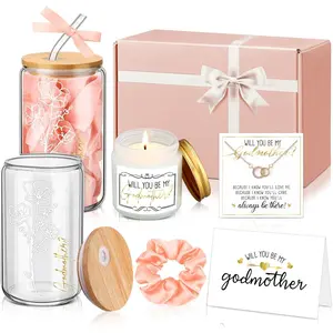 6 Pcs Godmother Proposal Gift Set, Will You Be My Godmother Gift Box, 16oz Glass Cup, Necklace & Scented Candle from Godchild for Baptism Mother’s Day Birthday English Pink