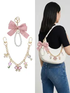 2Pcs Coquette Pink Bow Pearl Bag Charm Set Aesthetic Gold Purse Chain with Cute Rhinestone Pendants Charms For Bags Purse Accessories