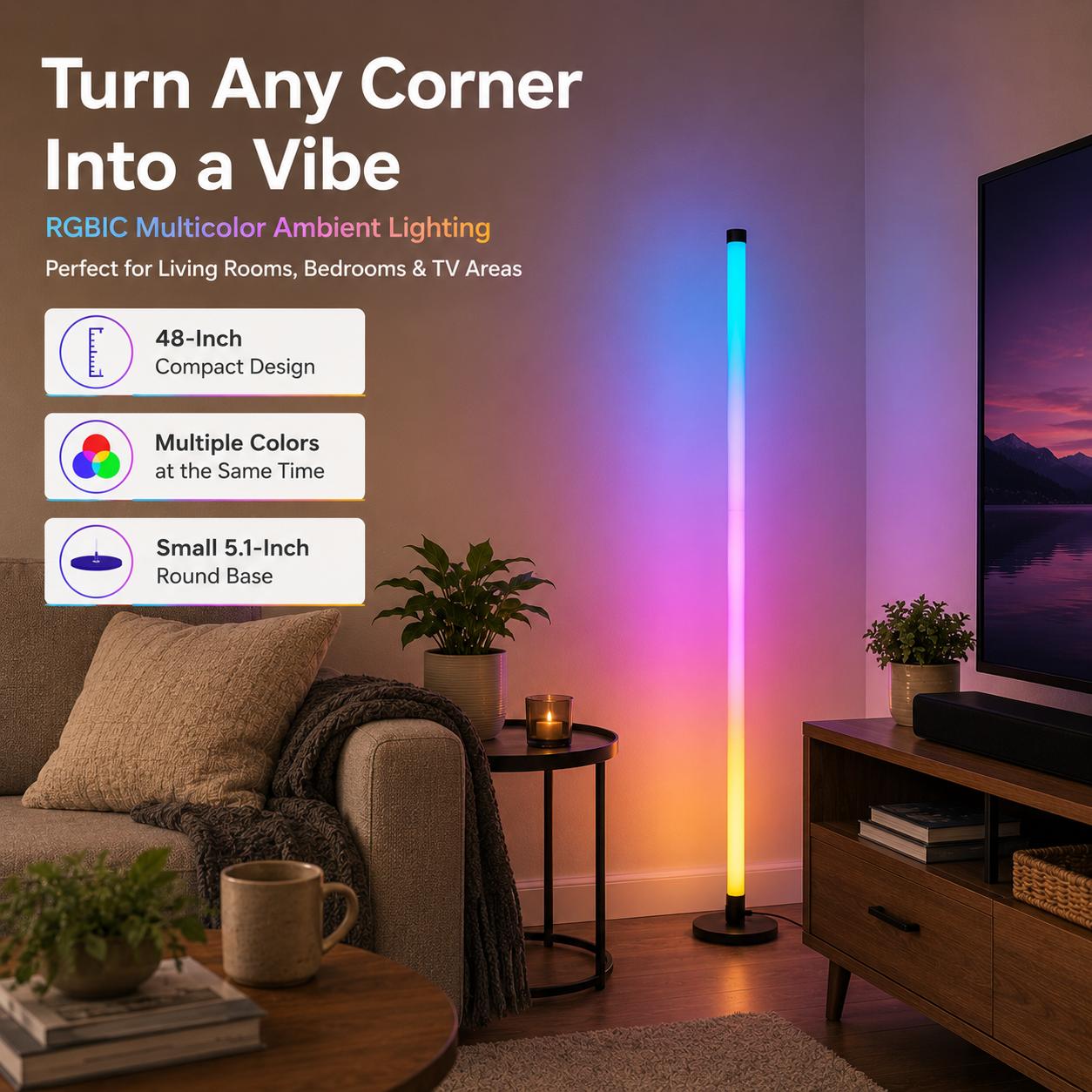48in RGBIC Corner Floor Lamp, App & Remote Control, Music Sync LED Ambient Light(1PCS/2PCS) 48in RGBIC Corner Floor Lamp, App & Remote Control, Music Sync LED Ambient Light(1PCS/2PCS)