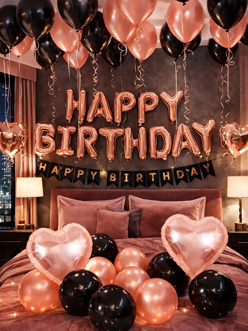 Rose Gold-Black Balloon Decorations Set, 43pcs Home Balloons Kit with Happy Birthday Letter Foil Banner, Heart Foil & Latex Pieces for Party Backdrop Photo Decoration