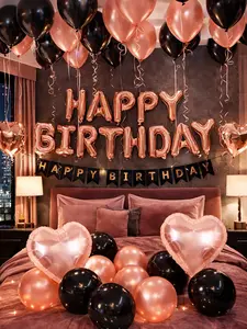 43pcs Rose Gold Black Birthday Balloon Decor Kit, Happy Birthday Letter Foil Banner with Heart Foil and Latex Balloons for Party Backdrop