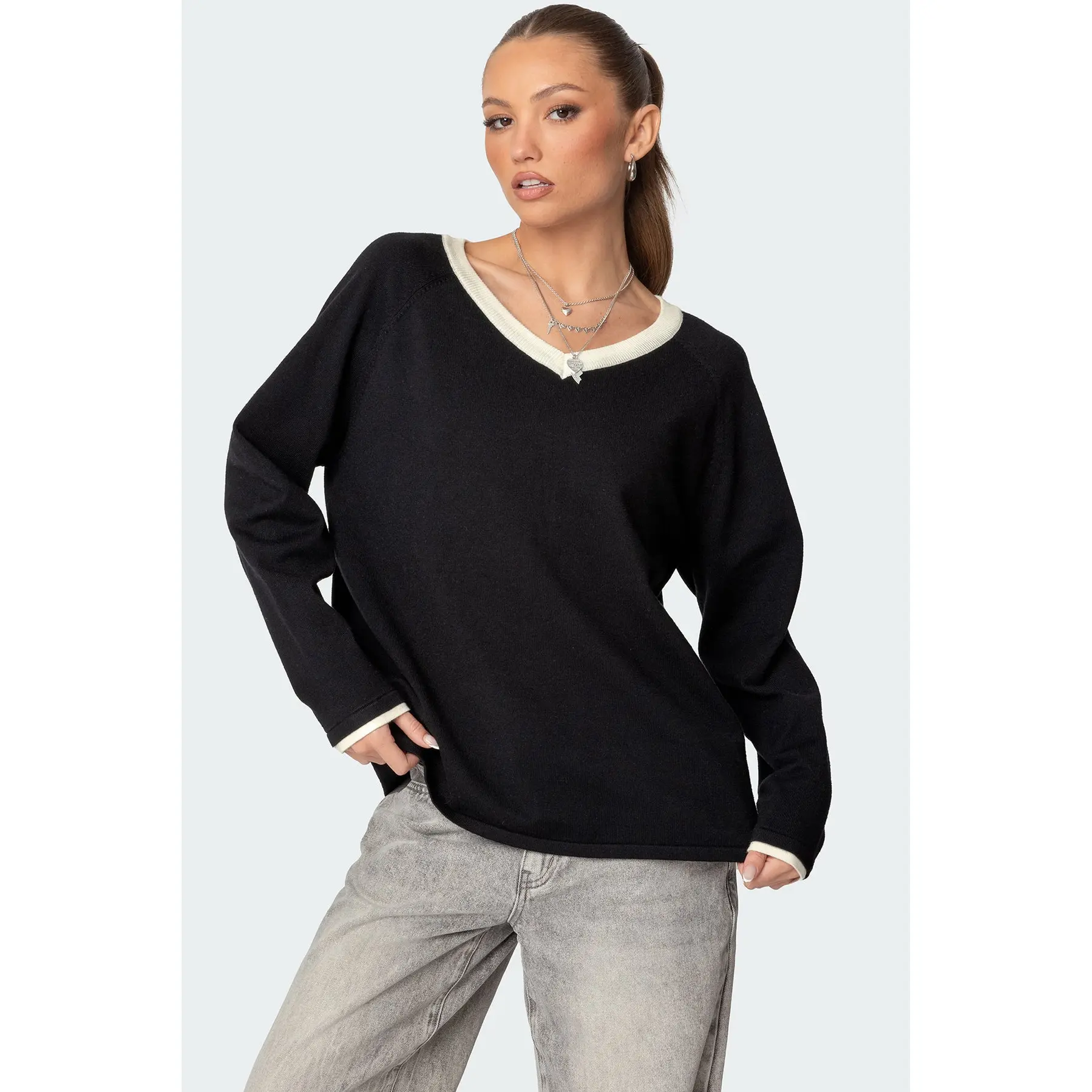 Contrast V Neck Knit Sweater