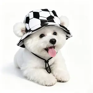 Soccer-Print Pet Sun Hat — Adjustable, Breathable Bucket Hat for Cats & Dogs — UV-Resistant Outdoor Cap with Chin Strap — Suitable for Small to Medium-Sized Pets ear hole