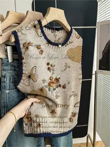 1 Piece, Casual Comfy Vests, Spring/Summer Back-to-School Casual Style Loose Round-neck Sleeveless Vest Top Knitted Dark Blue Embroidered Contrasting Retro Golden Print Women's Knitted Top