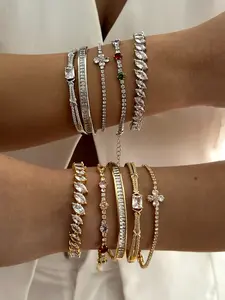 Women's Copper Zirconia Four-Leaf Clover Bracelets Set, Elegant Daily Wear Jewelry Gift, All Season Fashion Accessory