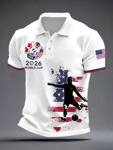 Men's Casual Sports Short Sleeve, 2026 Football & American Flag Pattern, Polyester Fabric Breathable Regular Fit Athletic Top, Athletic Training Apparel, Athletic Shirt