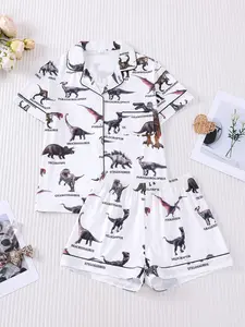 Women's Dinosaur Print Pajama Set, Short Sleeve Top & Shorts, Casual Fitted Sleepwear Loungewear, All Seasons Comfortable Home Wear