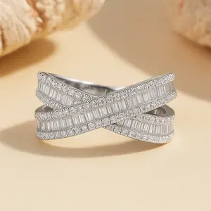 Solarii X Cross Wedding Ring - 5A Cubic Zirconia CZ, 925 Sterling Silver, Female Daily Wear Jewelry Accessory