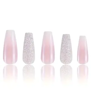 Extra Long Coffin Sparkling Pink & White Ombre 24 CT Press On Nails