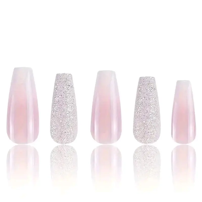 Extra Long Coffin Sparkling Pink & White Ombre 24 CT Press On Nails