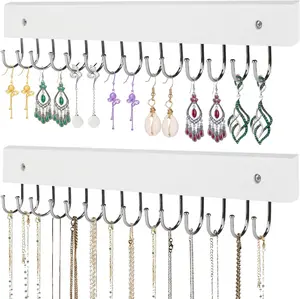 Necklace Holder Wall Mounted Jewelry Organizer - 2 Pack Wooden with 28 Hooks, Hanging Earring & Ring Bracelet Storage, Decorative Space-Saving Jewelry Display (White) AnDock