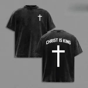 Christ Is King Vintage Washed Oversized Christian T-Shirt, Minimal Cross Faith Graphic Tee, Heavy Cotton Dark Gospel Streetwear Top, Unisex Retro Worship Shirt, Bold Christian Statement Apparel
