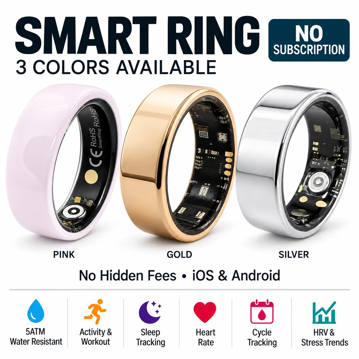 Smart Ring Wearable Device - IP68/5ATM Waterproof Automatic Fitness Tracker, Step Counter, Rechargeable Screen-Free Tech, No Subscription, App Synced for Android/iOS Daily Activity Tracking