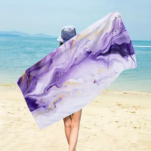 1pc Modern Purple Abstract Print Liquid Marble Beach Towel - Soft, Absorbent, Breathable with Golden White Texture for Beach, Travel