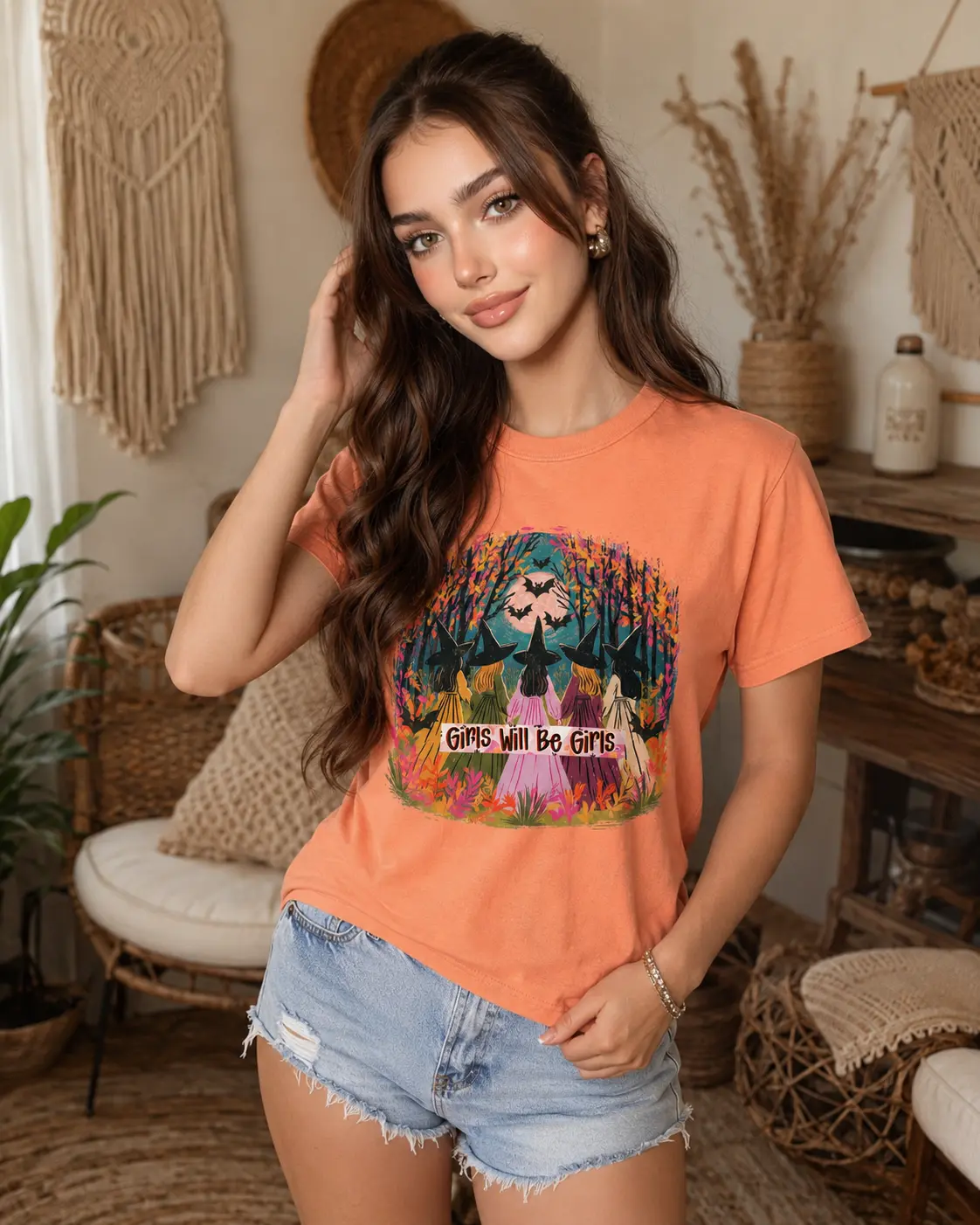 Comfort Colors 1717 Girls Will Be Girls Witch Graphic Tee for Women, Halloween Coven Shirt, Relaxed Fit Unisex Cotton T-Shirt, Womenswear,  Print,  Vintage