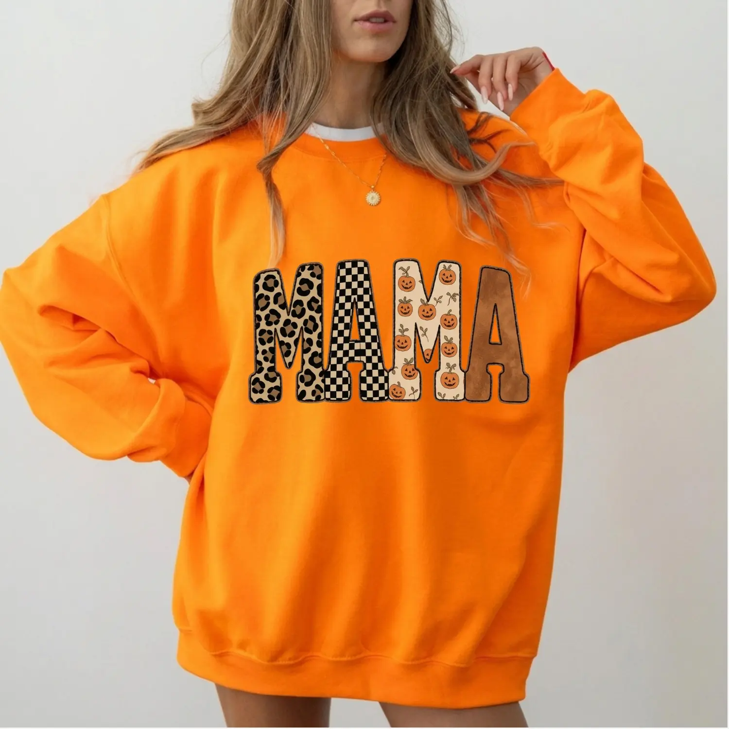 Leopard Mama Halloween Sweatshirt | Checkered Pumpkin Graphic Crewneck | Cute Fall Mom Sweatshirt