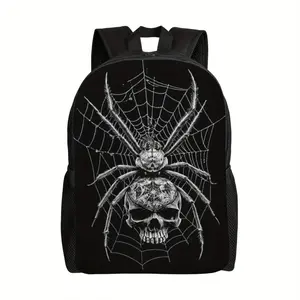 Spider Skull Print Unisex Laptop Backpack For Teens Men Women, Large Capacity Lightweight Travel Daypack With Adjustable Shoulder Straps & Side Pockets, Multiuse Bag For School Daily Commute Casual Outings, Cool Gothic Style Holiday Birthday Gift