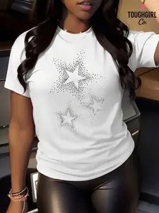 Women's White Star Print Crewneck Short-Sleeve Tops - Rhinestone Sparkle Detail, Lightweight Fitted, Elegant Comfortable, Versatile Casual Dressy Day Apparel