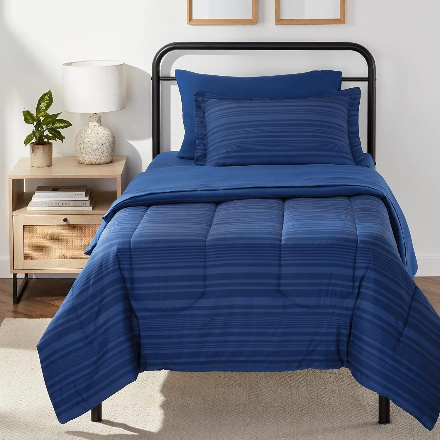 Twin/Twin XL Comforter Set with Sheets, 5-Piece Blue Calvin Striped Bedding, Lightweight Microfiber Bed-in-a-Bag, Machine Washable