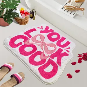 Soft Plush Bath Mat with Creative Lettering, Bow Design, Water Absorbent Bathroom Rug, Cozy Bath Mat, Absorbent Bath Mats, Comfortable Foot Pad for Home Use, Bathroom Drying Doormat, Bathroom Decorative Mat