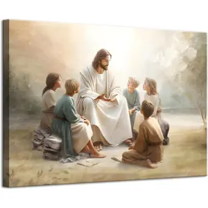 Jesus With Children Canvas Wall Art Jesus Teaching Children Watercolor Prints Religious Faith Wall Decor Pictures for Kids Room Bedroom Church Decorations, 12x16in