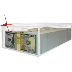 Clear Acrylic Cash Box with Slipping Cover - 5mm Box Thickness - 8mm Lock Hole - Includes 110 Pcs Bill Wrapper Straps