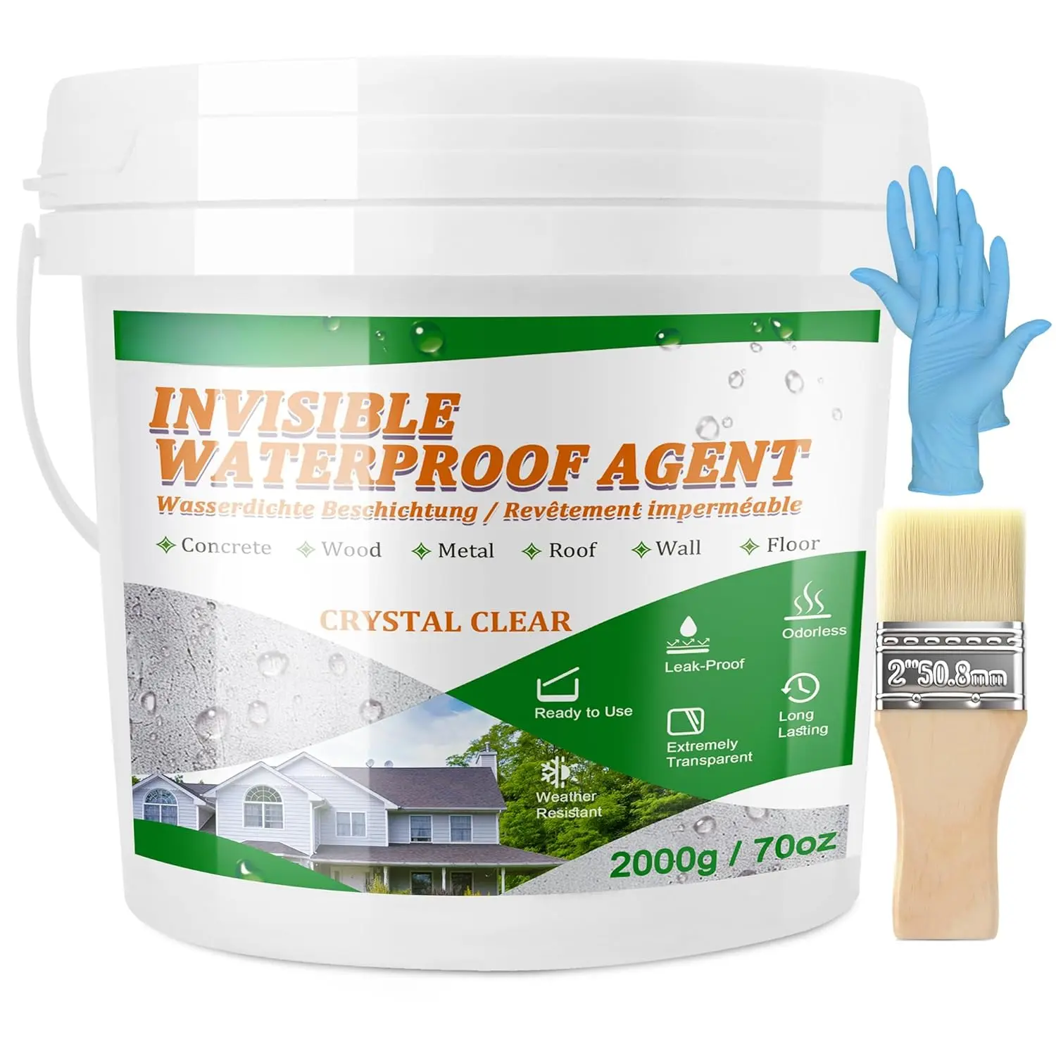 Invisible  Agent 70oz, Transparent  Coating for Roof, Floor, Bathroom, Wall, Window Sill, Brick, Concrete Structures, Indoor & Outdoor Waterproofing Sealant for Repairing Leaks