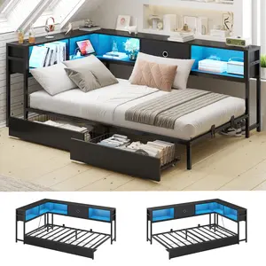 The Twin Corner Bed Frame with Storage Drawers and Bookcase Headboard, Twin Size Metal Platform Corner Bed Frame with Charging Station and LED Lights, Twin Daybed for Kids Teens Guests