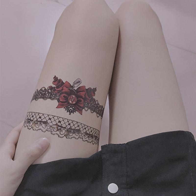 Women's 3 Sheets Large Realistic Thigh Temporary Tattoos (8.26x5.9in) - Normal Style PVC Glitter Water Transfer Stickers, Assorted Lace, Gun, Bow, Butterfly Designs, Casual Unscented Single Leg Stickers for Children