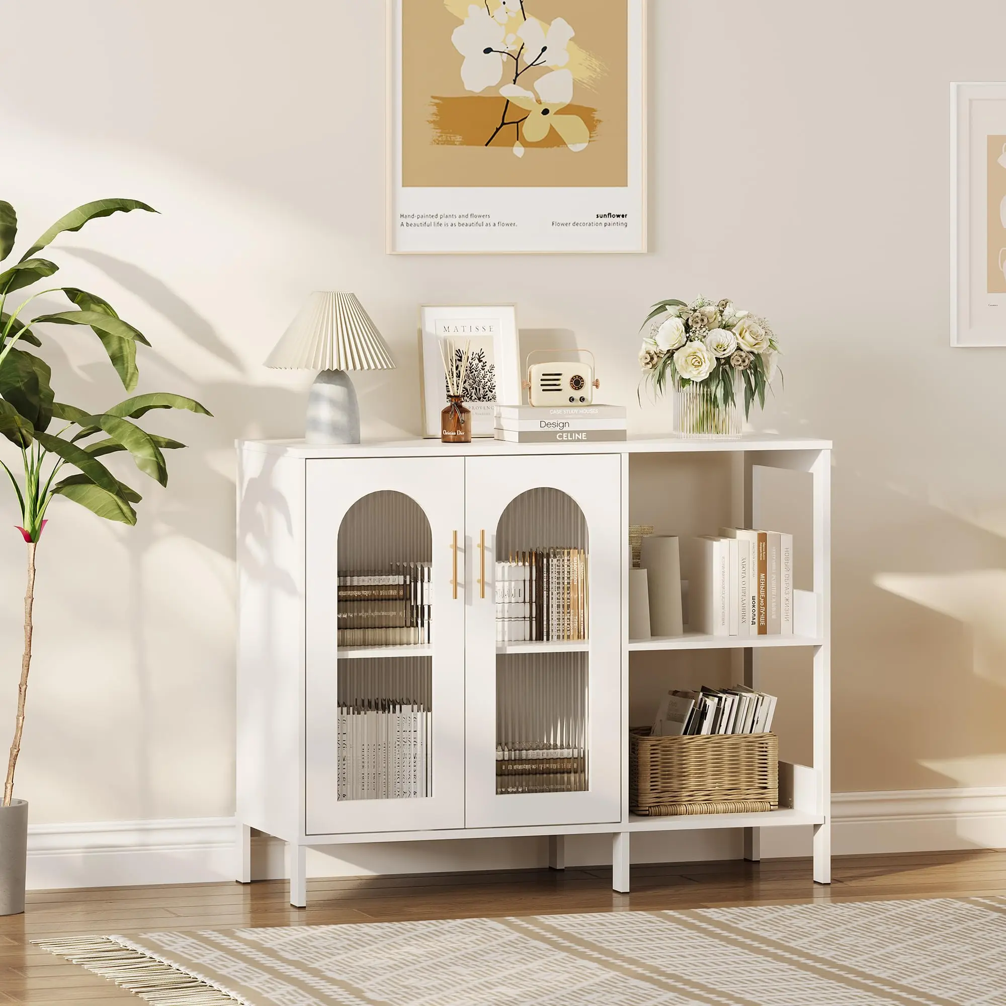 Modern Sideboard Buffet Cabinet with Wavy Glass Doors - 39.4" Accent Storage Cabinet for Dining Room, Kitchen, Entryway - Adjustable Shelves, Open Shelf & Glass Door Storage