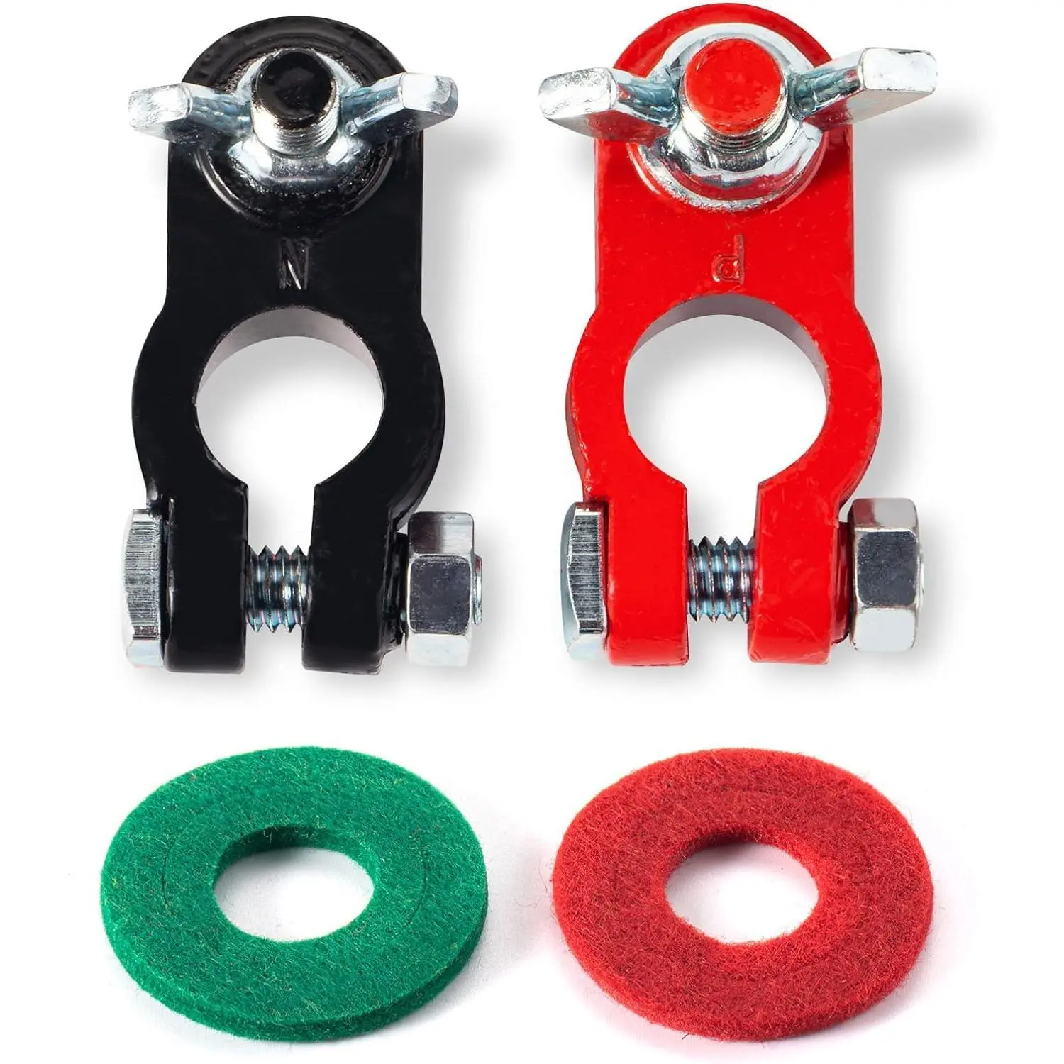 Universal Negative & Positive Battery Cable Terminals,Battery Terminals Color Coded Clamps Connectors with Matching Anti Corrosion Felt Fiber Washers,Terminal Assortment Kit for Cars & Trucks
