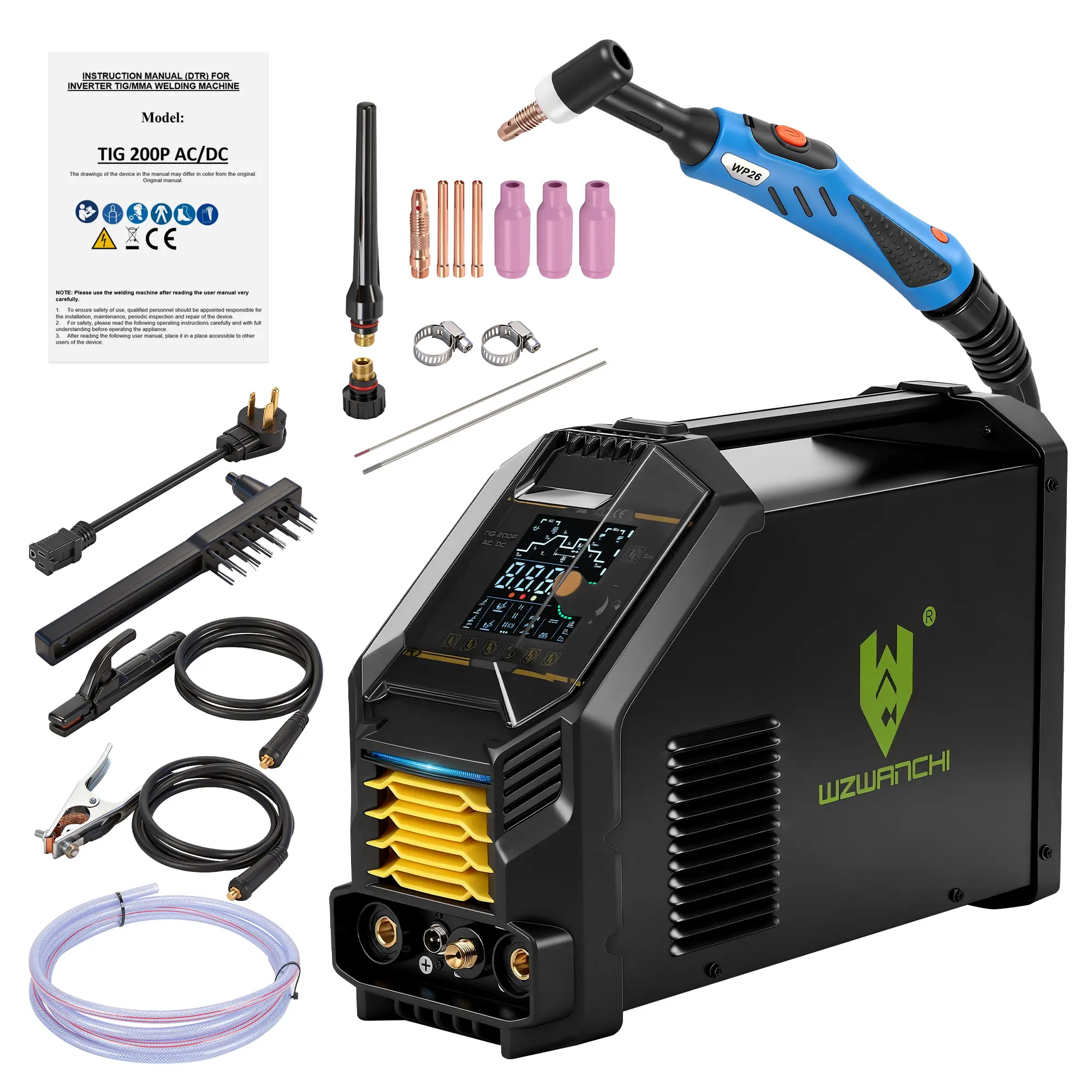 TIG200ACDC 200A TIG Welder AC DC With Pulse, 8 In 1 Aluminum TIG Welder with Clear LCD Display AC TIG/DC Pulse TIG/HF TIG/Spot TIG/Square/Triangular Wave/Stick/MMA Welder Machine, 45° Beveled