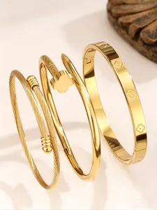 3 Pcs 18k Stainless Steel Cuff Bracelets, Geometric Boho Style, Stackable Luxury Jewelry, Adjustable Bracelet, Ideal for Weddings & Daily Wear, Twisted Bracelet