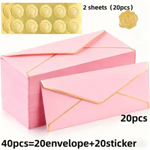 40 Pieces (20 Envelopes+20 Stickers) New Year Red Envelopes, Christmas Envelopes, Wedding Invitations, Business Invitations, Birthday Party Invitations with Gold Borders, Suitable for Office Checks, Letters, and Invoices