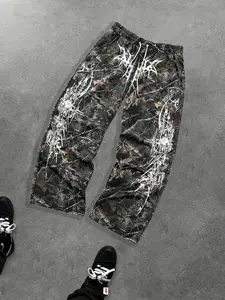 Men's Casual Camo Long Pants, Thorn Pattern Print, Fashionable Drawstring Wide Leg, All Season Loose-Fitting Men's Clothing